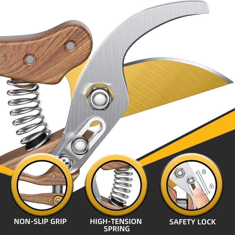Decerk 8.5" Professional Bypass Pruning Shears – Heavy Duty Garden Scissors & Clippers for Wood & Tree Trimming, Ultra Sharp SK5 Blade, Ergonomic Handle, Perfect Gardening Gift, 2025 Wood-Like Finish - Image 3